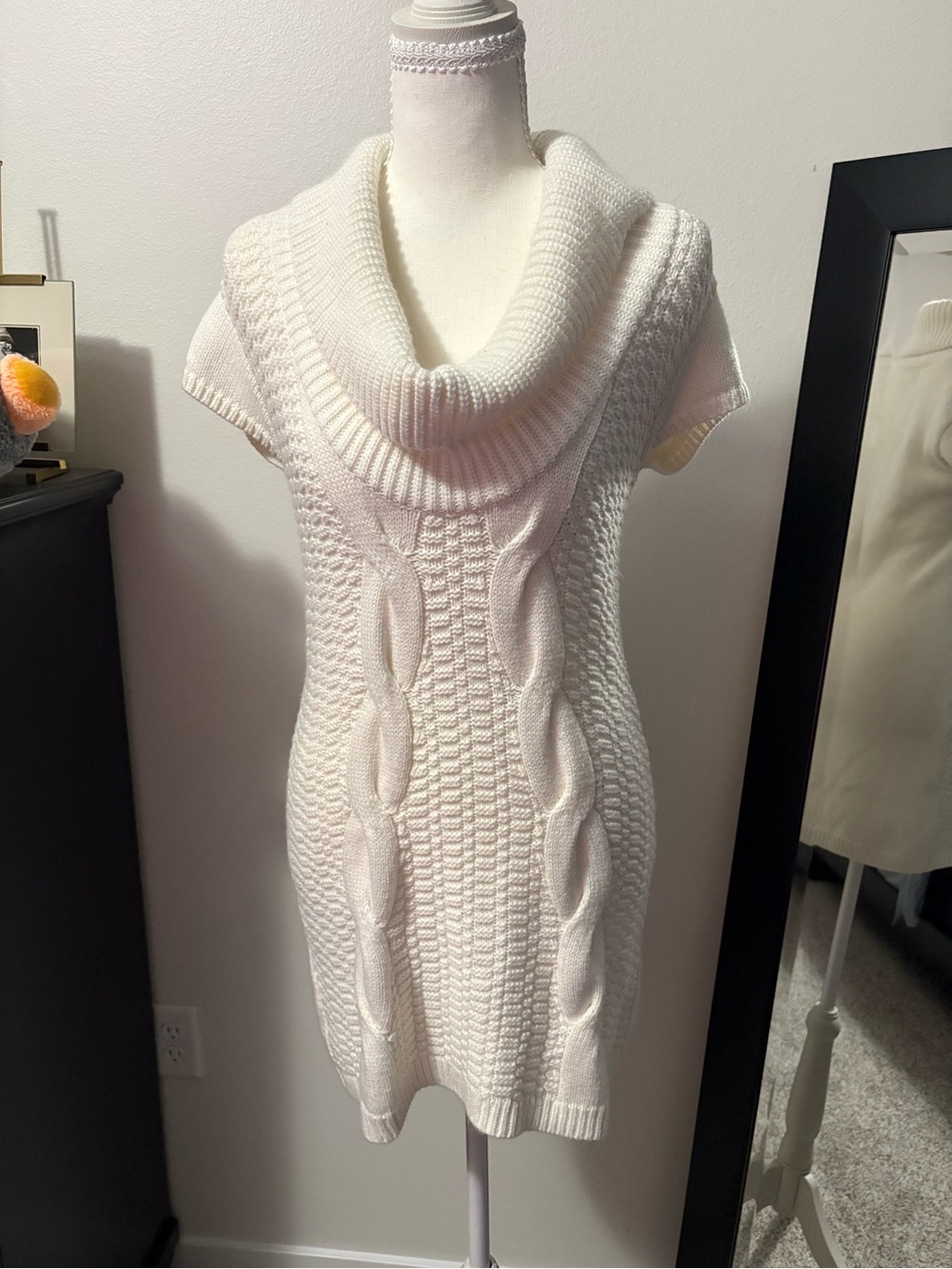 Express White Cowl Neck Cable Knit Sweater Dress